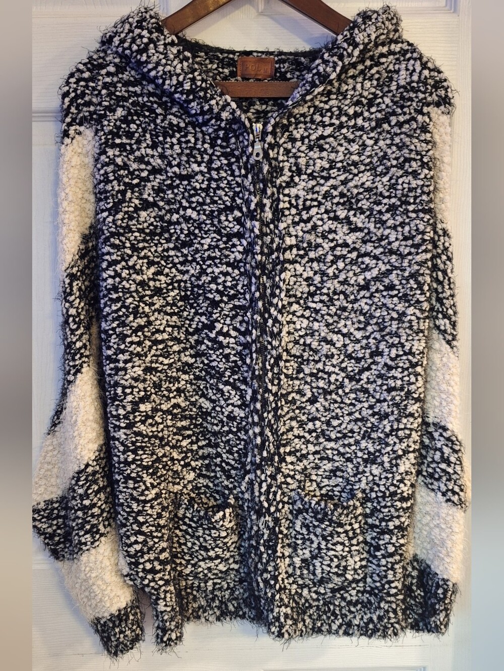 POL Black White Fuzzy Knit Hooded Zip Cardigan Sweater M